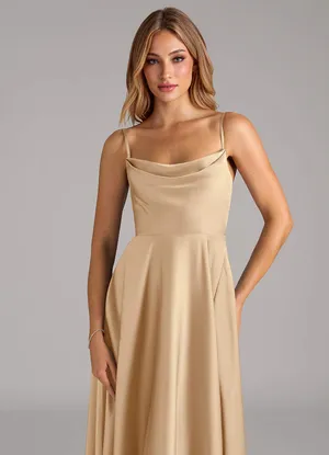 Azazie Elle Stretch Champagne A-Line Pleated Stretch Satin Dress thumbnail 2