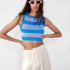 Zara Blue & Pink Striped Sleeveless Cropped Tank thumbnail 1