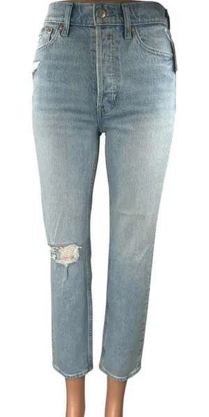 NEW Gap Cheeky Straight High Rise Blue Distressed Cropped Denim Jeans Size 25 thumbnail 1