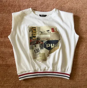 Micas White Sleeveless Graphic Cotton Top XS Striped Ribbed Hem thumbnail 1