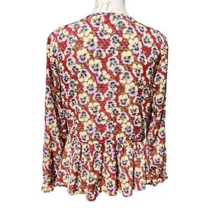 Madewell -565 Drawstring Ruffle-Hem‎ Top Blouse in Viola Floral Burgundy Medium thumbnail 4