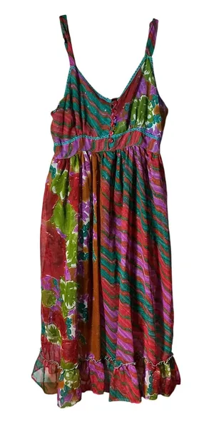 Mamta Boho Patchwork Floral Midi Dress Womens OS Multicolor Glitter Smocked Back thumbnail 1