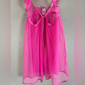 Victoria’s Secret Hot Pink Swiss Dot Sheer Mesh Babydoll Bow Tie Front $80 Small thumbnail 6