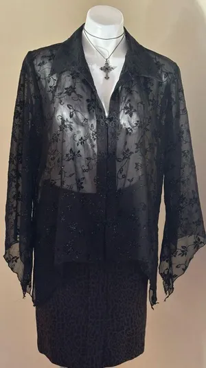 Dress Barn Collection Black Floral Lace Shimmer Print Asymmetrical Sleeves Sz XL thumbnail 2