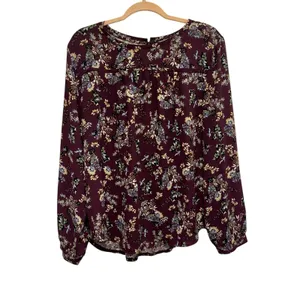 LOFT Floral Blouse XL Burgundy‎ Long Sleeve Boho Peasant Top Lightweight Women thumbnail 2