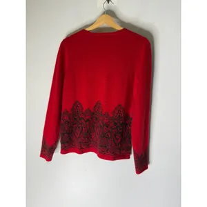 Charter Club Women Red 100% Cashmere Cardigan Sweater Black Lace Print Medium thumbnail 2