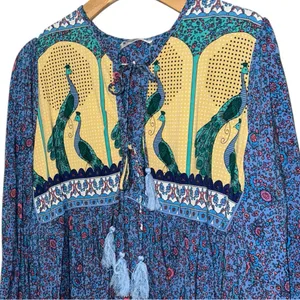 R. Vivimos Size XL 16 18 Blue Floral Print Long Sleeve V Neck Tassel Midi Dress thumbnail 5