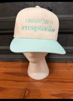 Riverbed Threads “Financially irresponsible!” adjustable hat - cream & sea green. Gently warn and in excellent condition & clean. Unisex/ One size. Non-smoking home. Priced at as is condition. Don’t like my price make a reasonable offer. thumbnail 2