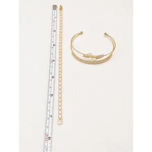 2pc Gold CZ Bracelet Set 7in Tennis Bracelet + cute bow Bangle Cuff stainless thumbnail 2