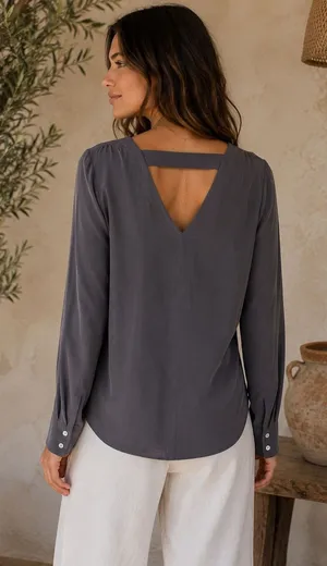 Aritzia Wilfred 100% Silk Charcoal Gray V Neck Open Back Blouse Women's Small thumbnail 1