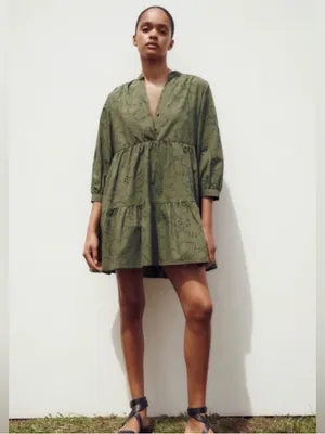 ZARA Olive Eyelet Tiered Mini Dress thumbnail 3