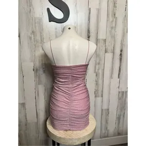 Pink Glitter Ruched Bodycon Mini Dress Spaghetti Strap Party Club Size S thumbnail 7