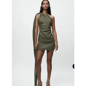 Zara Women 100% Linen‎ Mini Dress Green One Shoulder Macrame Fringe Tassel thumbnail 2