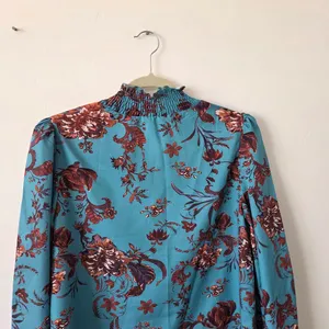 SheIn Blue Floral Blouse Top Smocked Ruched High Neck Boho Indie Gypsy Modest Medium thumbnail 8