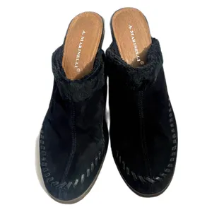 A. Marinelli Black Suede‎ Faux Fur Lined Whipstitch Mules Block Heel Size 8.5M thumbnail 2
