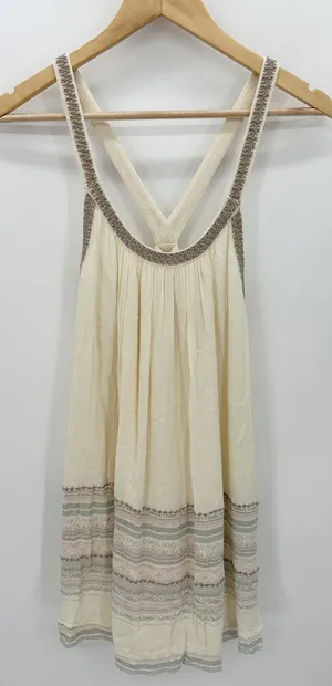 Ecote Women Small Cream Boho Dress Mini Frock Embroidered‎ Racerback Rayon thumbnail 1