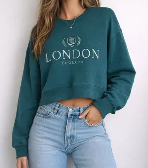 Abercrombie & Fitch London Embroidered Cropped Crewneck in Teal thumbnail 1
