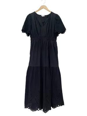 Baltic Born Annette Eyelet Tiered Midi Maxi Dress Black Sz L Puff Sleeve Cottage thumbnail 2