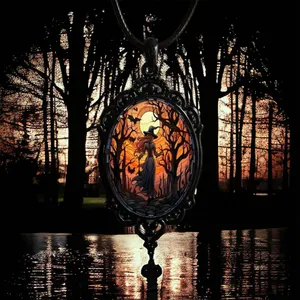 Retro Style Bat Witch Pendant Cameo‎ Black Pendant Necklace Gothic Vintage Style thumbnail 2