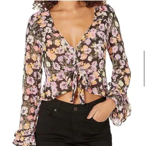 FREE‎ PEOPLE Maybel Sheer Floral Tie Front Peplum Top Crop Black Pink Small New thumbnail 13