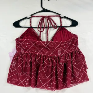 Wild Fable Burgundy Western Cowboy Print Halter Babydoll Peplum Top Red Medium NEW thumbnail 10