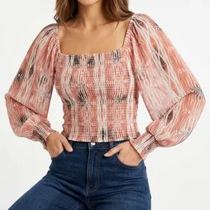 Anthropologie Smocked Crop Top Long Sleeve Sheer Sleeve Blouse Pink Print Size S thumbnail 1