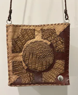 Brown Leather Patchwork Shoulder Bag Purse Unlined Boho Hippie Festival Snap thumbnail 1
