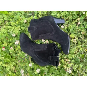 Black Suede Western Ankle Boots Whipstitch Pointed Toe Cone Heel Booties thumbnail 2