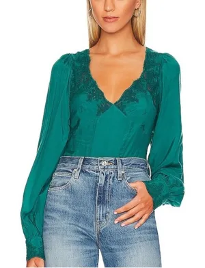 Free People Size-XL/T Women's Top Janelle Green Balloon Sleeve Lace Trim Smocked thumbnail 1