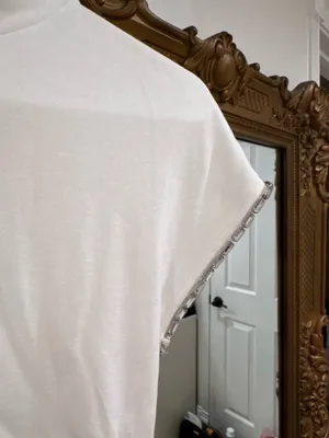 Zara White Rhinestone Trim T Shirt Embellished Sleeve Top Mock Neck Size Medium thumbnail 2