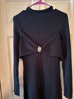 Able Black Ribbed Long-Sleeve Midi Dress with Front Knot and Metallic Accent thumbnail 3