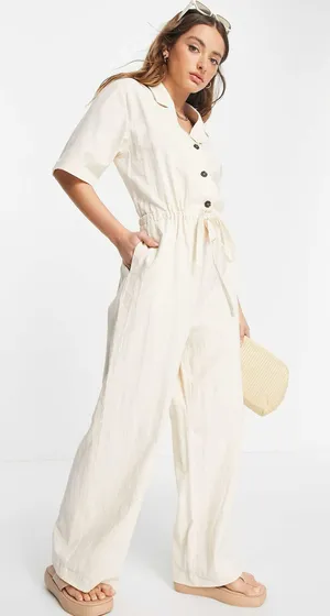 ASOS V-Neck Button-Front Jumpsuit with Drawstring Waist thumbnail 1