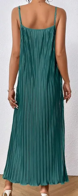 Amazon Women's Sleeveless Spaghetti Strap Pleated Straight Flowy Long Maxi Cami Dress thumbnail 3