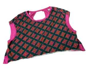Natural Life Boho Floral Open Back Crop Top Women L Pink Green Geometric Cotton thumbnail 1