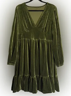 Velvet V-Neck Mini Dress in Rifle Green thumbnail 1