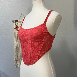 Out From Under Orange Pink Salmon Lace Corset Top Floral Embroider thumbnail 3