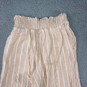 Pink Rose Wide Leg Pants Women S Tan White Striped Smocked High Rise Linen Blend thumbnail 10