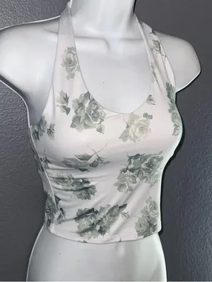 Hollister Womens White & Green Floral Crop Top Halter Tank size Small thumbnail 5