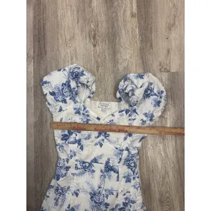 & Other Stories Blue White Floral Toile Linen Puff Sleeve Midi Dress Size 6 thumbnail 7