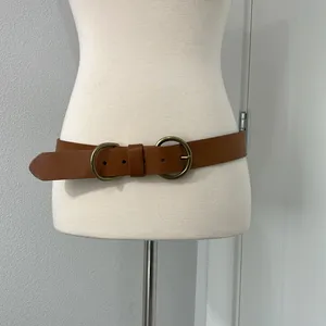 Cognac Brown Genuine Leather Wide Waist Belt Gold Circle Buckle 40" thumbnail 2