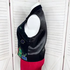 Vintage 90s DressBarn Velvet Embroidered‎ Christmas Button Up Vest Top Black XL thumbnail 2