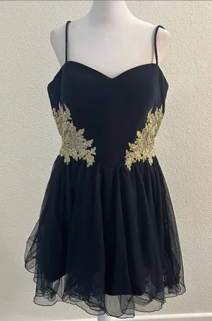 Dark Blue Spaghetti Strap Mini Dress with Gold Appliqué thumbnail 1