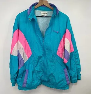 Vintage 80s Adolfo Windbreaker Colorblock Blue Pink White Full Zip Jacket Medium thumbnail 1