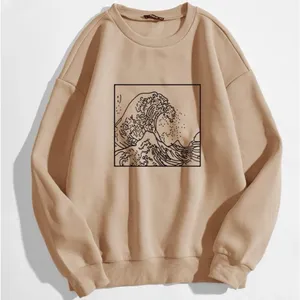 SHEIN Great Waves Khaki Graphic Printed Oversized Fleece Sweatshirt thumbnail 1