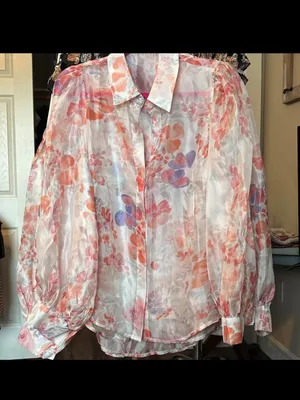 Sheer Button Down Floral Long Sleeve Blouse Pink Size XL thumbnail 2