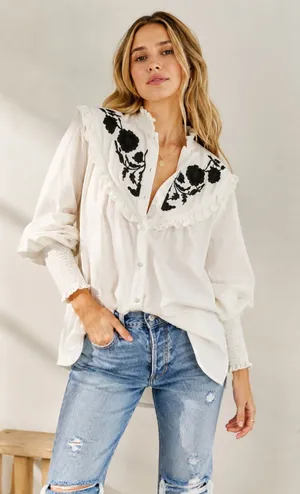 Free People Rose & Vines Embroidered Top White Black Floral Oversized Tunic M thumbnail 1