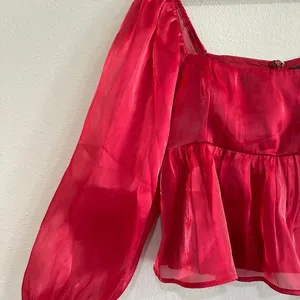 Lulus Red Organza Puff Sleeve Peplum Top Square Neck Shimmer Blouse Large‎ thumbnail 3
