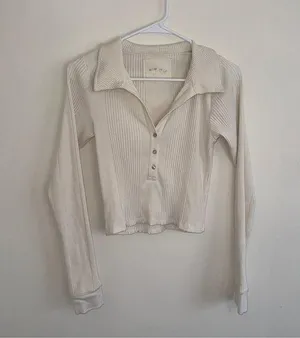 Aerie Cream Beige White Ribbed Longsleeve Collar Medium thumbnail 1