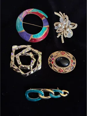 Vintage Brooch Pin Lot 5 Pcs Enamel Gold Tone Abstract Floral Geometric Jewelry thumbnail 2
