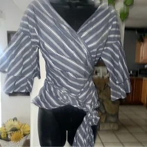 WAYF Women's Striped 3/4 Sleeve Wrap around Blouse Size S thumbnail 3